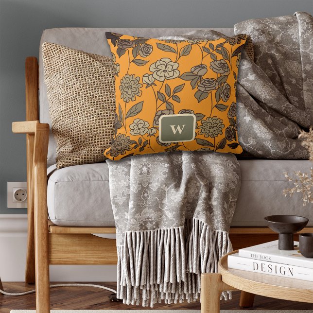 Coussin Automne Fleurs exotiques Personnaliser Monogramme (Créateur téléchargé)