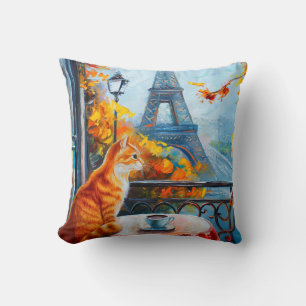 Coussin Automne parisien Chat au gingembre dans un café