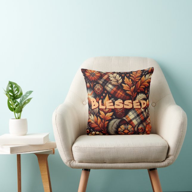 Coussin Automne Plaid Feuilles Orange Black Motif (Chaise)