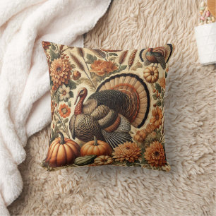 Coussin Automne Vintage Floral Citrouille Dinde