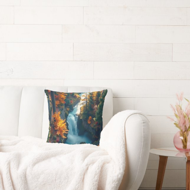 Coussin Autumn Canyon Waterfall – Vibrant Fall Forest Land (Canapé)