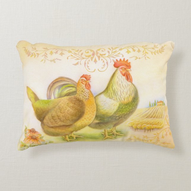 Coussin avec coq et poule dans la campagne italien (Devant)