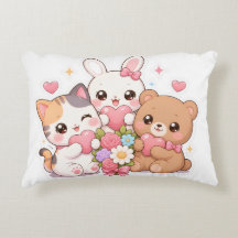 Coussin avec des amis animaux Kawaii mignons, cœur