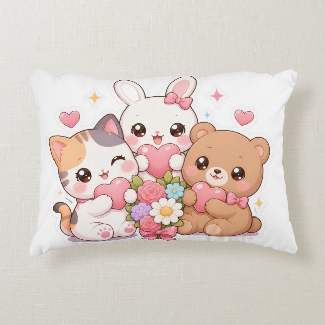 Coussin avec des amis animaux Kawaii mignons, cœur (Devant)