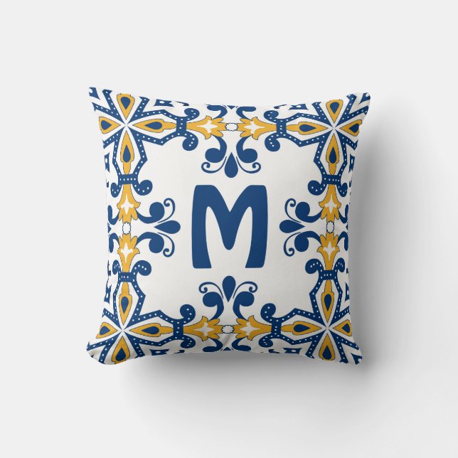 Coussin Avec 💛 initial 💙 azulejos bleu et jaune (Recto)