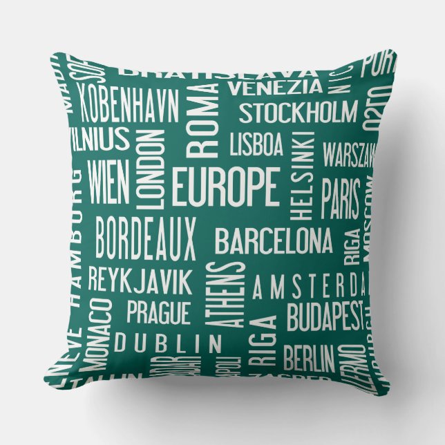 Coussin avec les villes européennes, turquise (Recto)