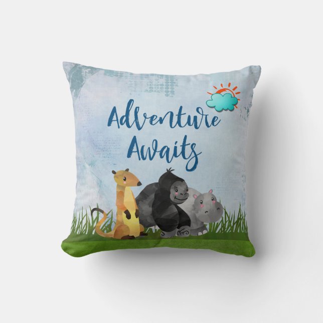 Coussin Aventure Await - Gorilla Hippo et Meerkat (Recto)
