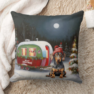 Coussin Aventure de Noël de la caravane Doberman d'hiver