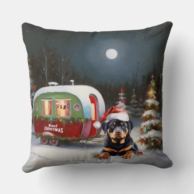 Coussin Aventure de Noël de la Caravane Rottweiler d'Hiver (Verso)