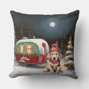 Coussin Aventure de Noël en caravane avec Golden Retriever