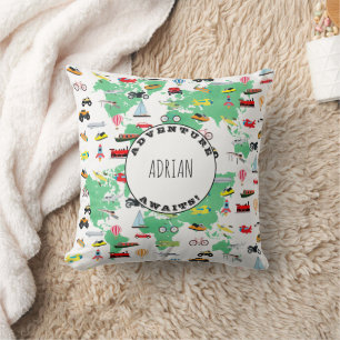 Coussin Aventure Personnalisée Carte du Monde Véhicules