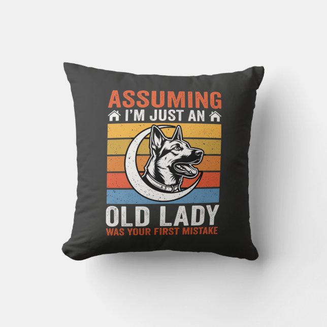 Coussin Avertissement Vieille Dame Chien Rétro (Recto)