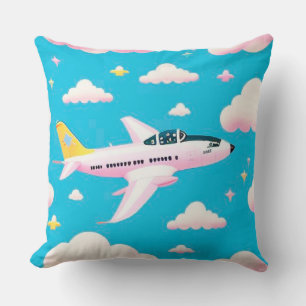 Coussin Avion Coloré Volant Parmi des Nuages de Dessin Ani