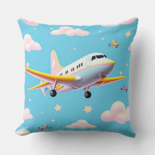 Coussin Avion Coloré Volant Parmi des Nuages de Dessin Ani