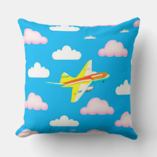 Coussin Avion Coloré Volant Parmi des Nuages de Dessin Ani