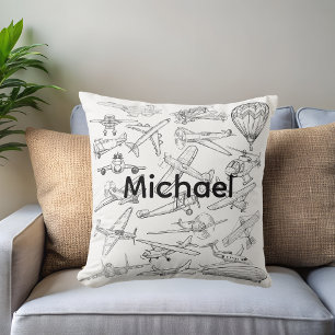 Coussin Avions dessinés à la main Aviation Pilote Aviateur