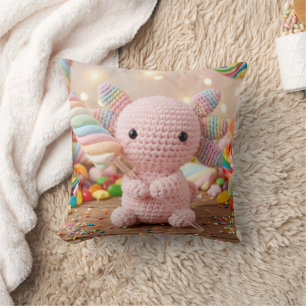 Coussin Axolotl Rose Crocheté Bonbon Pastel
