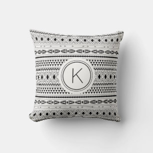 Coussin Aztec noir blanc Motif géométrique Monogramme