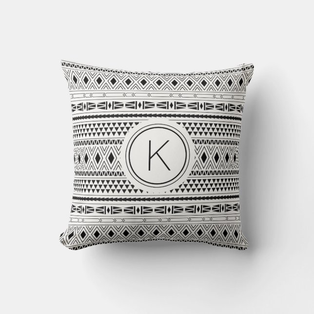 Coussin Aztec noir blanc Motif géométrique Monogramme (Recto)