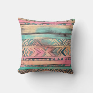 Coussin Aztec Sud-Ouest Bleu Et Tribal Rose