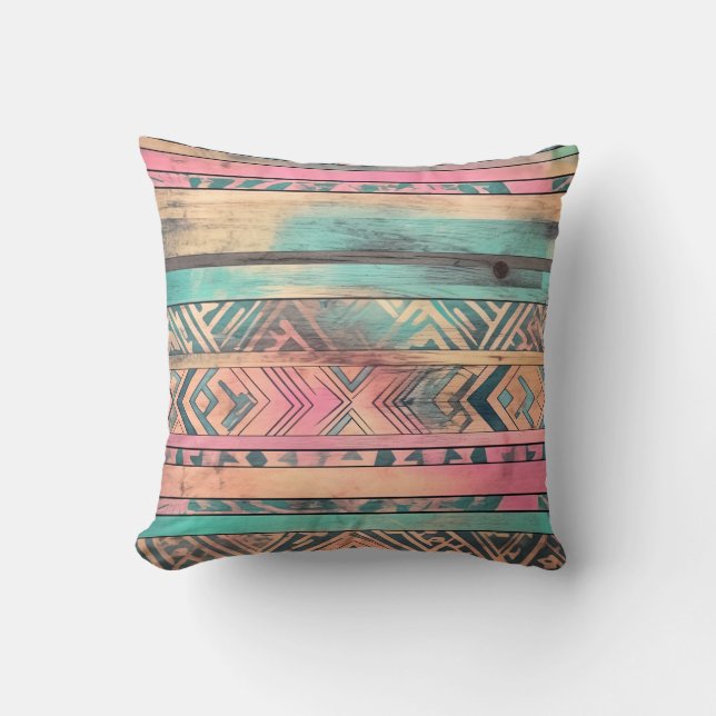 Coussin Aztec Sud-Ouest Bleu Et Tribal Rose (Recto)