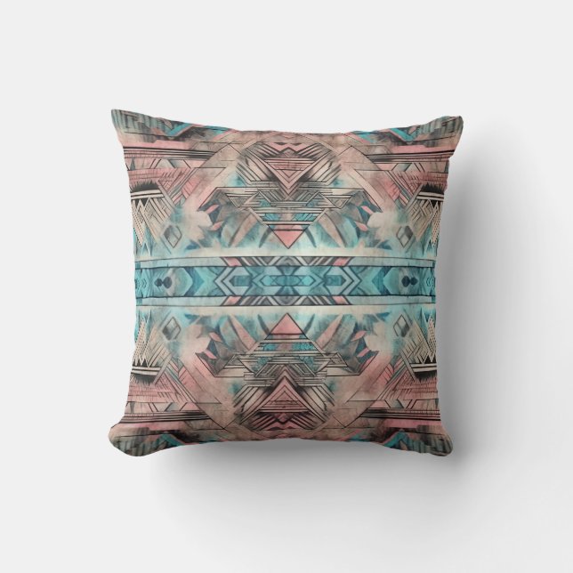 Coussin Aztec Sud-Ouest Pastel Rose Et Bleu (Recto)