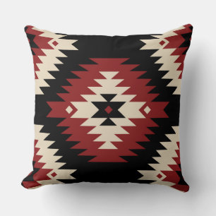 Coussin Aztèque, rouge géométrique, noir et beige