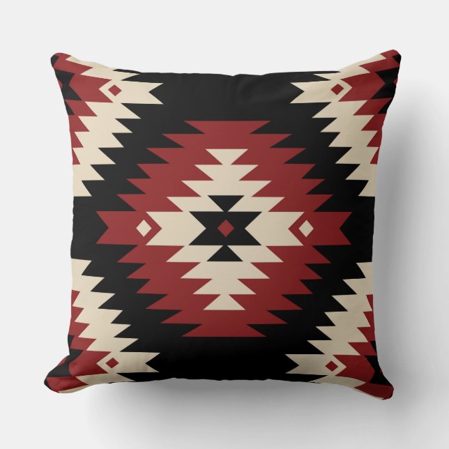 Coussin Aztèque, rouge géométrique, noir et beige (Recto)