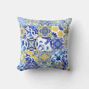 Coussin Azulejo bleu et jaune Mosaïque en majolique portug