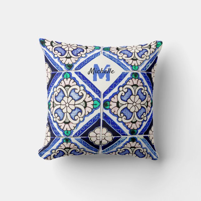 Coussin Azulejo Motif espagnol Carreaux marine Monogramme  (Recto)