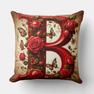 Coussin B majuscule rouge élégant par Roses et Papillon