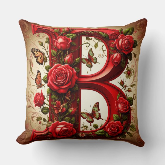 Coussin B majuscule rouge élégant par Roses et Papillon (Recto)