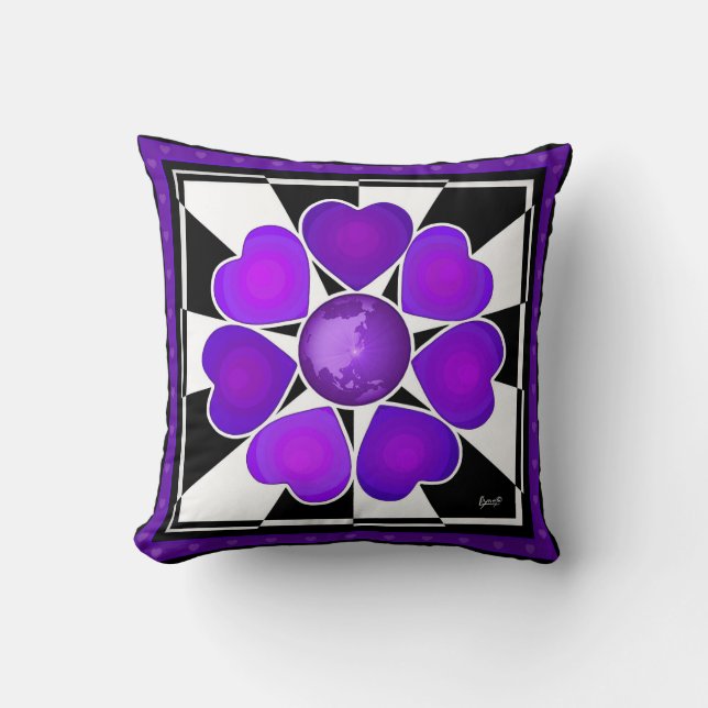 Coussin B&W Purple Hearts Beating (Recto)