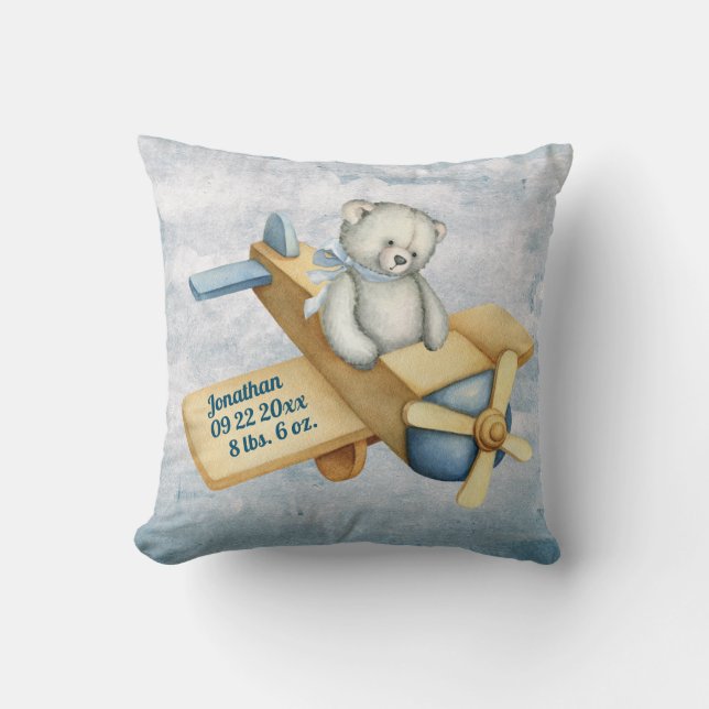 Coussin Baby Bear Avion Aquarelle bébé Garçon Vintage (Recto)