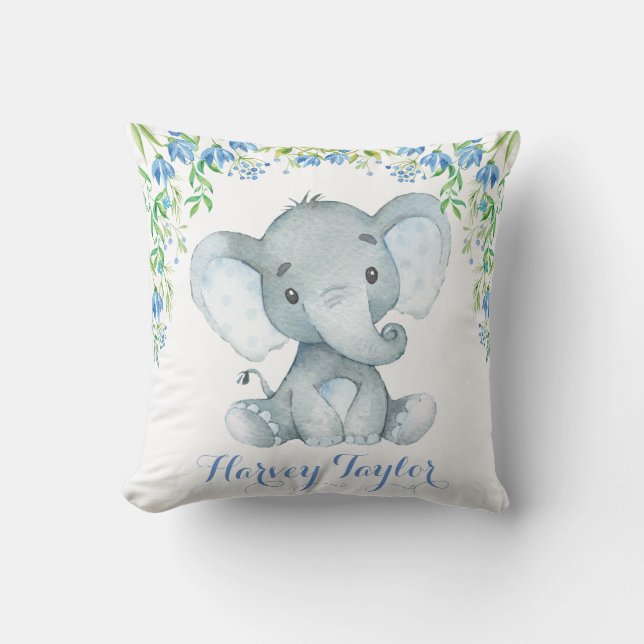 Coussin Baby bébé éléphant Nursery Pastel Blue Flowers (Recto)