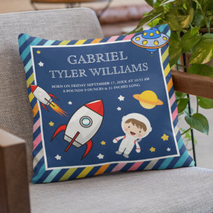 Coussin Baby Boy Astronaute Outer Space Rocket Birth Stats