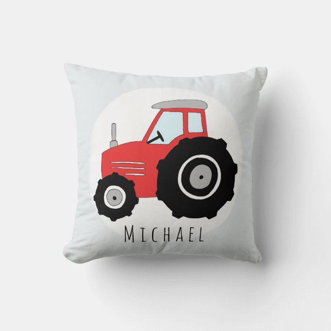 Coussin Baby Boy Doodle Tracteur rouge avec nom Nursery (Recto)