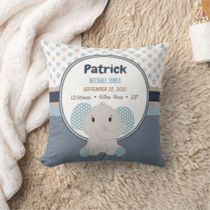 Coussin Baby Boy Elephant Nom personnalisé Statistiques de