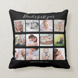Coussin Baby Boy First Year Photo Collage Gift Black