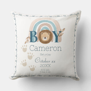 Coussin Baby Boy Lion Personnalisé Nom et Détails de naiss