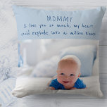 Coussin Baby Boy Photo et message adorable à maman<br><div class="desc">Coussin photo bébé adorable pour vous de personnaliser avec vos propres photos. Le coussin a une formule mignonne qui dit "Maman je t'aime tellement mon coeur pourrait exploser en un million de baisers". Le modèle est configuré pour vous pour ajouter une photo à l'avant et à l'arrière. Vous pouvez également...</div>
