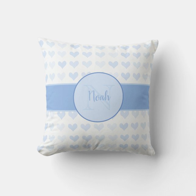 Coussin Baby Boy prénom Monogramme bleu Motif de coeur (Recto)