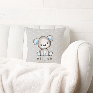 Coussin Baby Boy's Teddy Bear Coeurs Bleus personnalisés