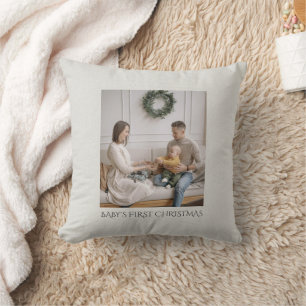 Coussin Baby First Christmas Family Photo Faux Linen