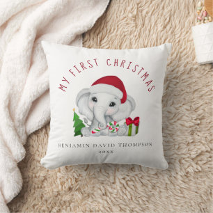 Coussin Baby First Christmas Photo Name Cute Elephant
