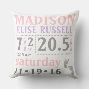 Coussin Baby Girl Birth Stats faire-part typographie