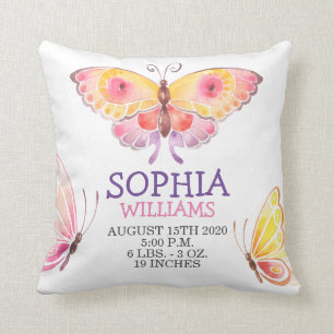 Coussin Baby Girl Birth Stats Gold Cute Butterfly