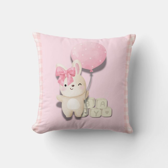 Coussin Baby Girl Bunny Nursery Print - Rose En vichy Anim (Recto)