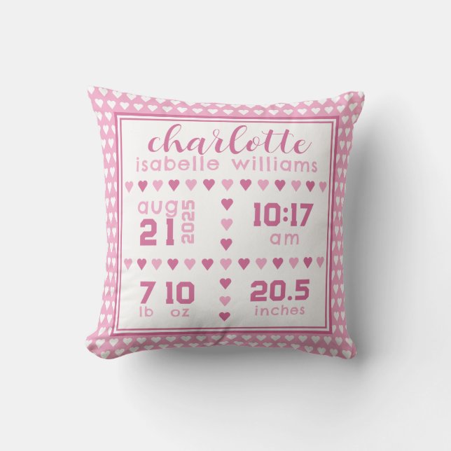 Coussin Baby Girl Coeur Faire-part de naissance Jeter Orei (Recto)