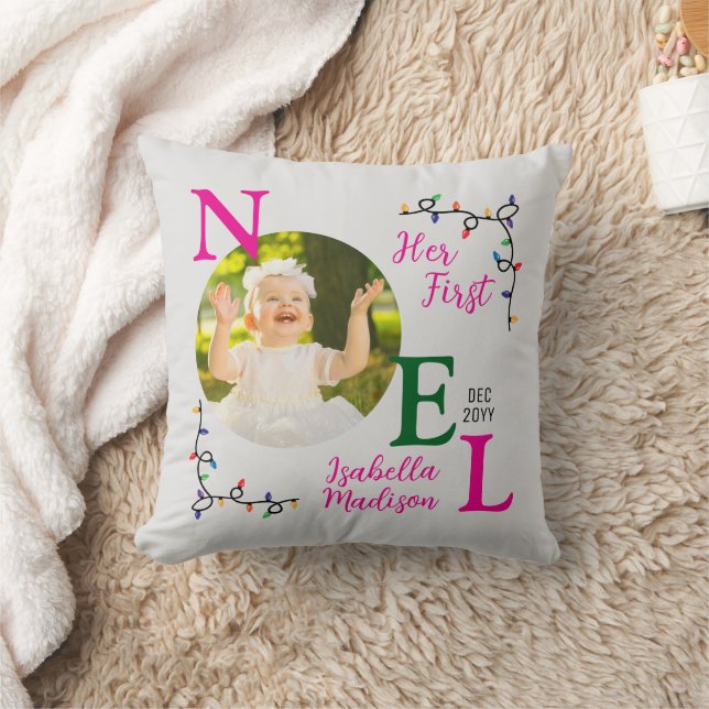 Coussin Baby Girl First Christmas Pink First Noel Photo (Couverture)